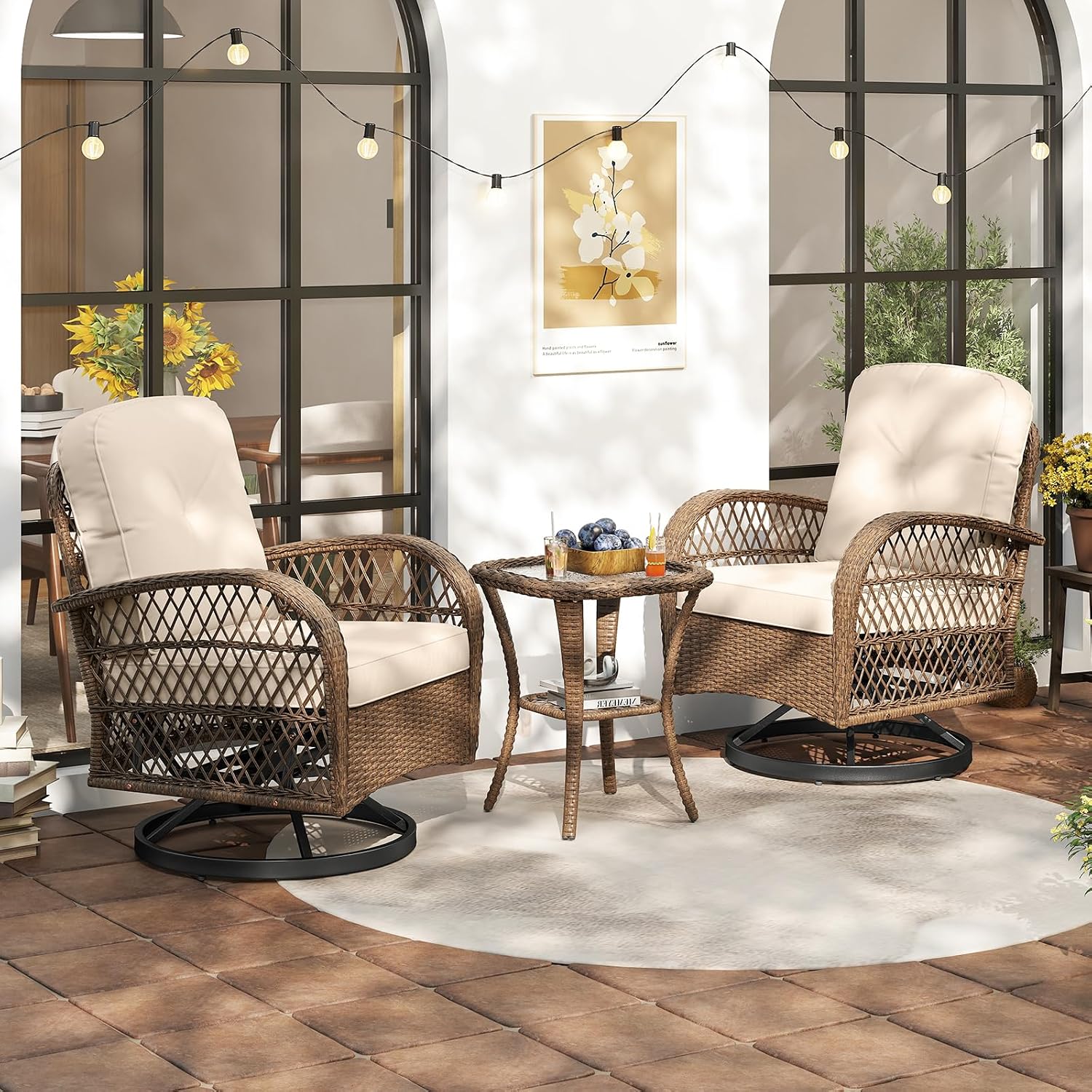 ORALNER 3 Pieces Wicker 360° Swivel Rocker Set Patio Furniture, Rocking Chairs with Cushions, Tempered Glass Coffee Table, Outdoor Rattan Bistro Set for Balcony Front Porch Deck Poolside (Beige)