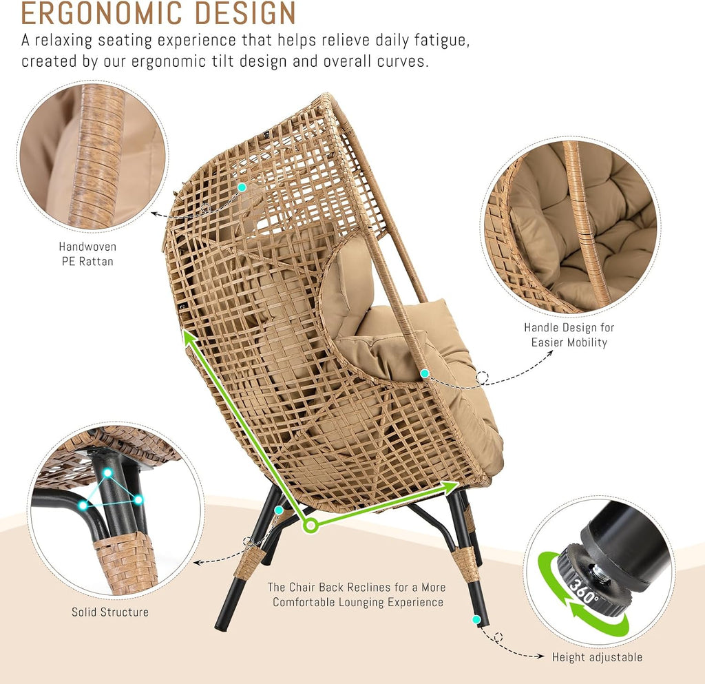 RADIATA Egg Chair with Footrest, Wicker Patio Lounger with Ottoman, Oversized Rattan Egg Shaped Chair with Leg for Indoor Outdoor Patio Balcony Garden (Brown)