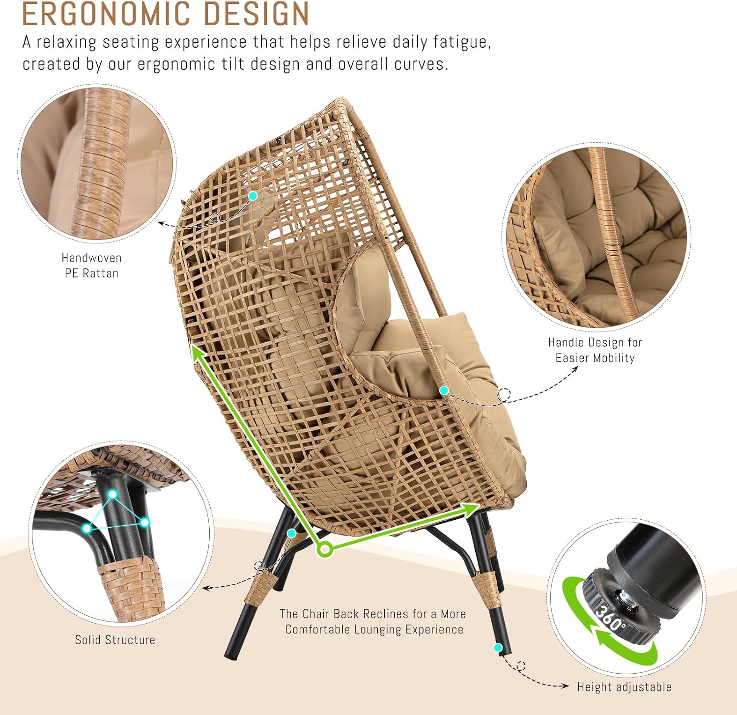 RADIATA Egg Chair with Footrest, Wicker Patio Lounger with Ottoman, Oversized Rattan Egg Shaped Chair with Leg for Indoor Outdoor Patio Balcony Garden (Brown)