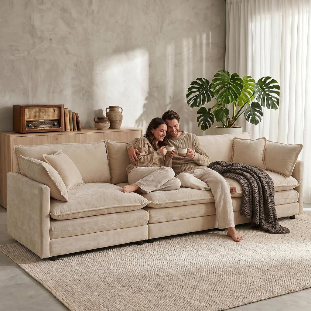 GNIXUU 111.5' Modern Cloud Sofa Couch, Chenille Comfy 3 Seat Sofa Couch with Pillows & Armrest for Living Room, Bedroom, Deep Seat Sofa(Camel)
