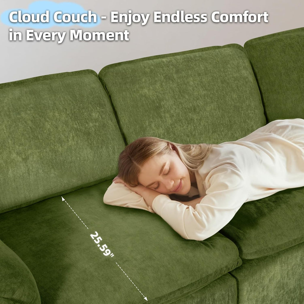 HALLYBEE 112' Cloud Couch Sectional with Padded Armrests & Moveable Ottoman Boneless Sectional Couches for Living Room Green Couch, No Assembly Required