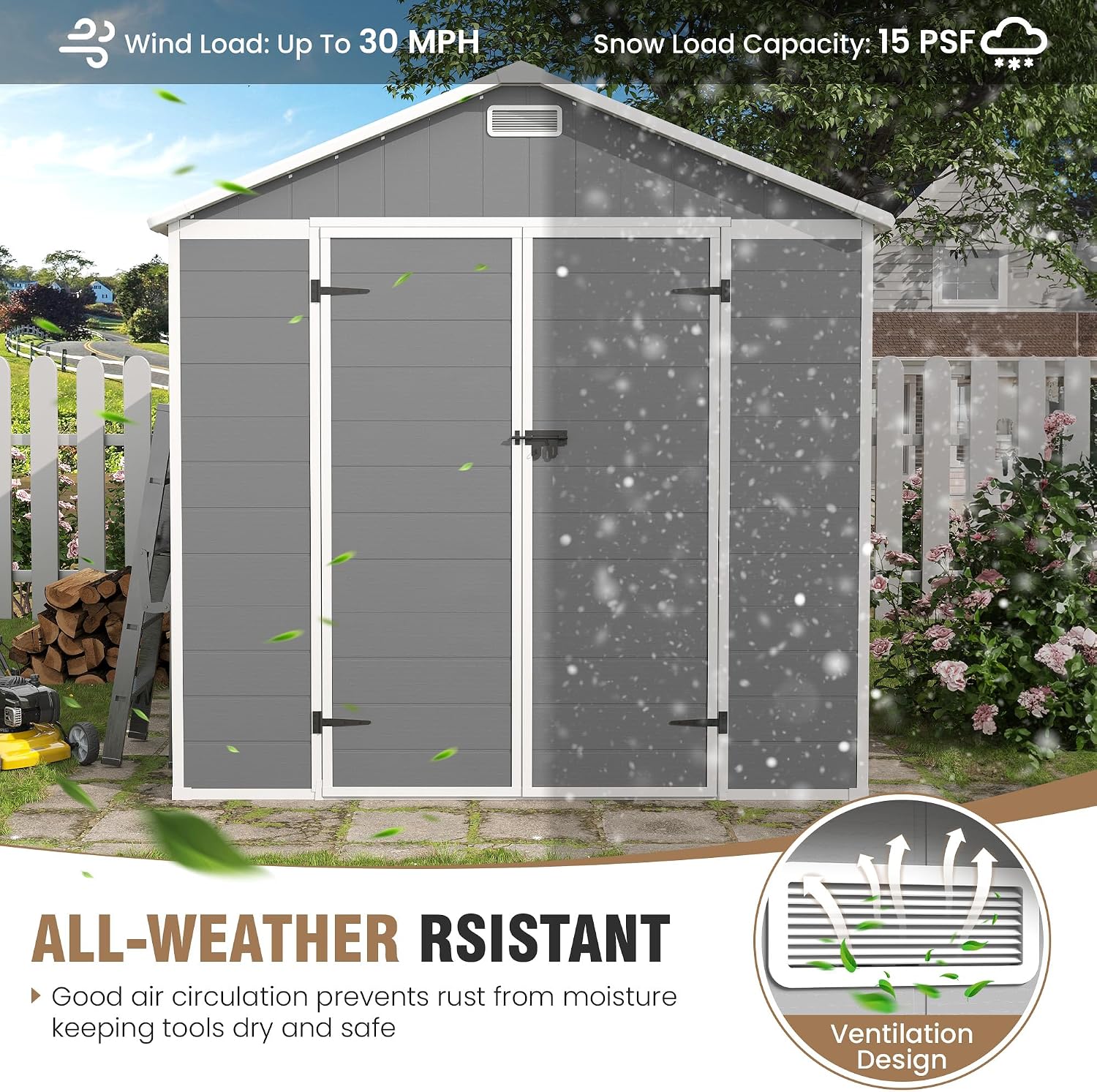 Outdoor Storage Shed, 8x6 FT Resin Shed with Floor Included and Lockable Door, Window & Vents, Tool Sheds, Outdoor Storage for Bike, Garden Accessories, Tools, Waterproof