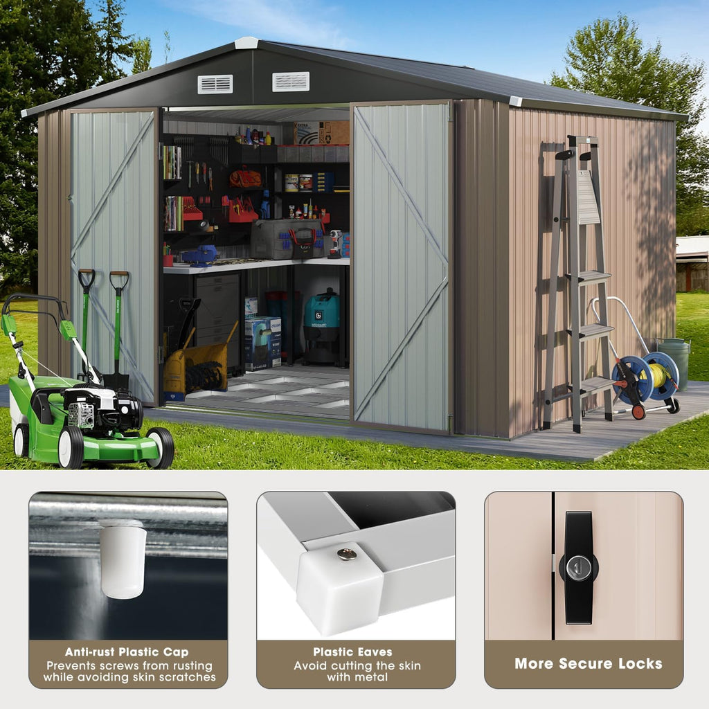 Outdoor Storage Shed 8x10 FT, Utility Steel Tool Shed with Lockable Door and Air Vents, Galvanized Metal Shed for Garden Backyard Patio Lawn (8' x 10') Brown,G37009-12