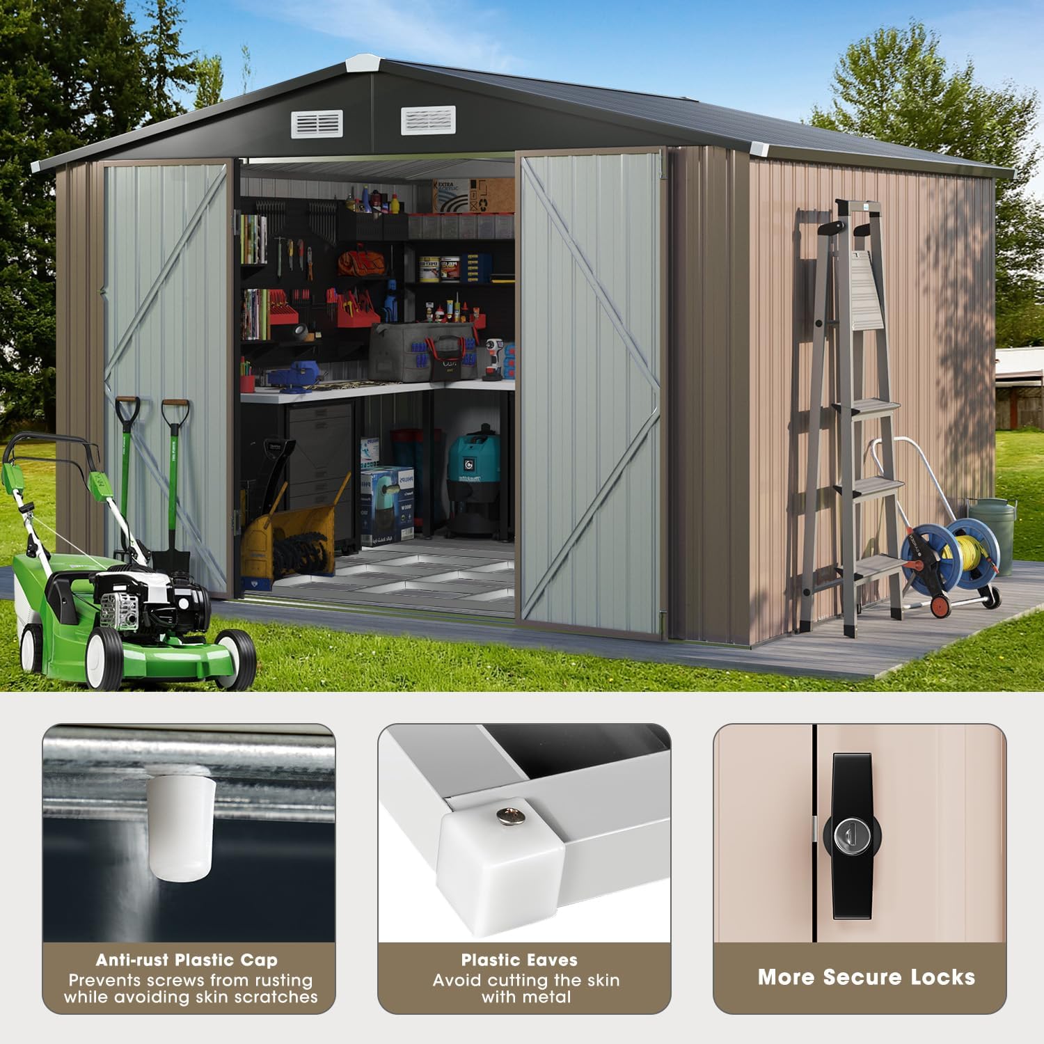 Outdoor Storage Shed 8x10 FT, Utility Steel Tool Shed with Lockable Door and Air Vents, Galvanized Metal Shed for Garden Backyard Patio Lawn (8' x 10') Brown,G37009-12