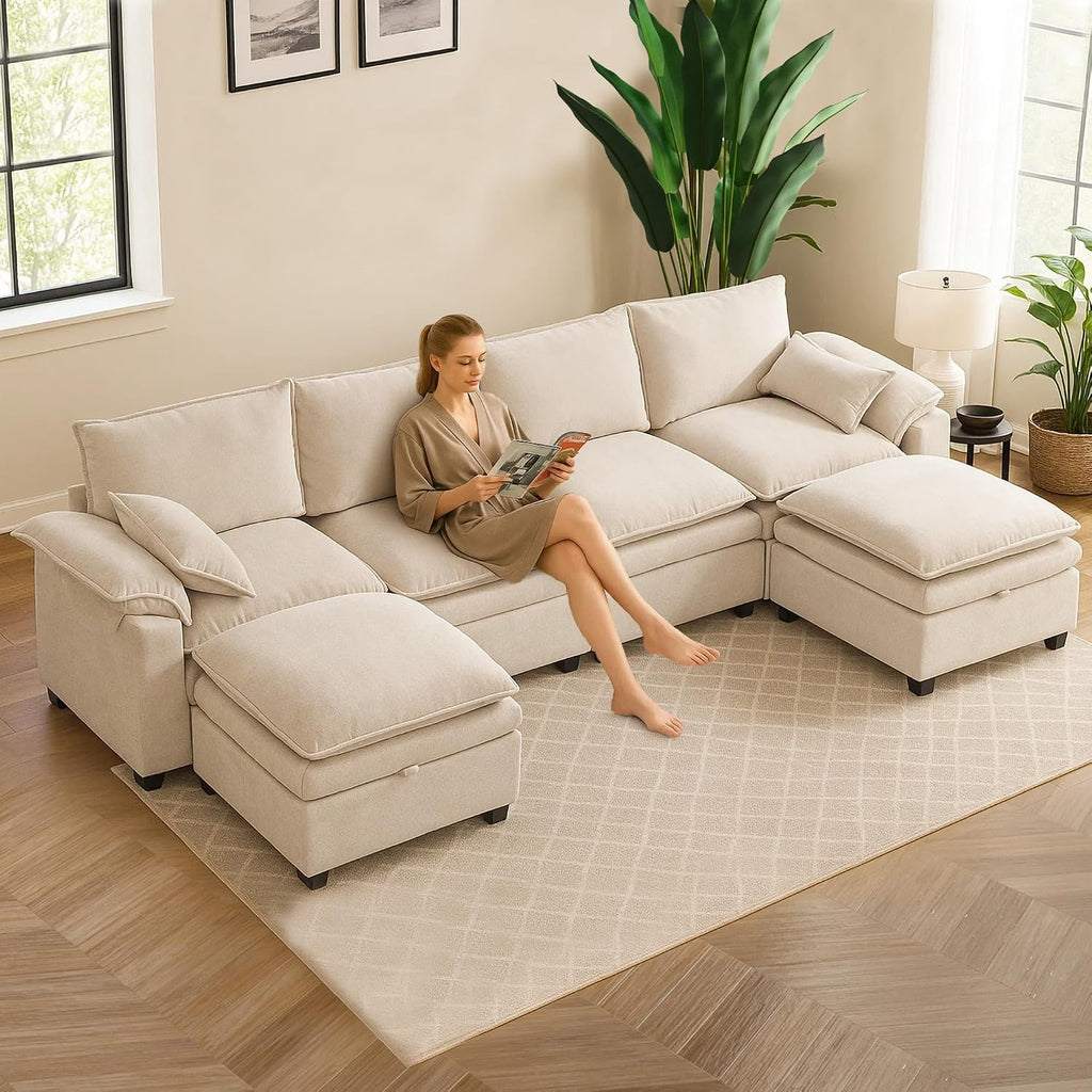 Large U-Shaped Sectional Couch Set - 6/7/8 Seater Oversized Cloud Sofa for Living Room, Big Comfy Chenille Fabric Couches, Extra Long Modular Sofa Bed Furniture (Beige, 6-Seater Sofa)