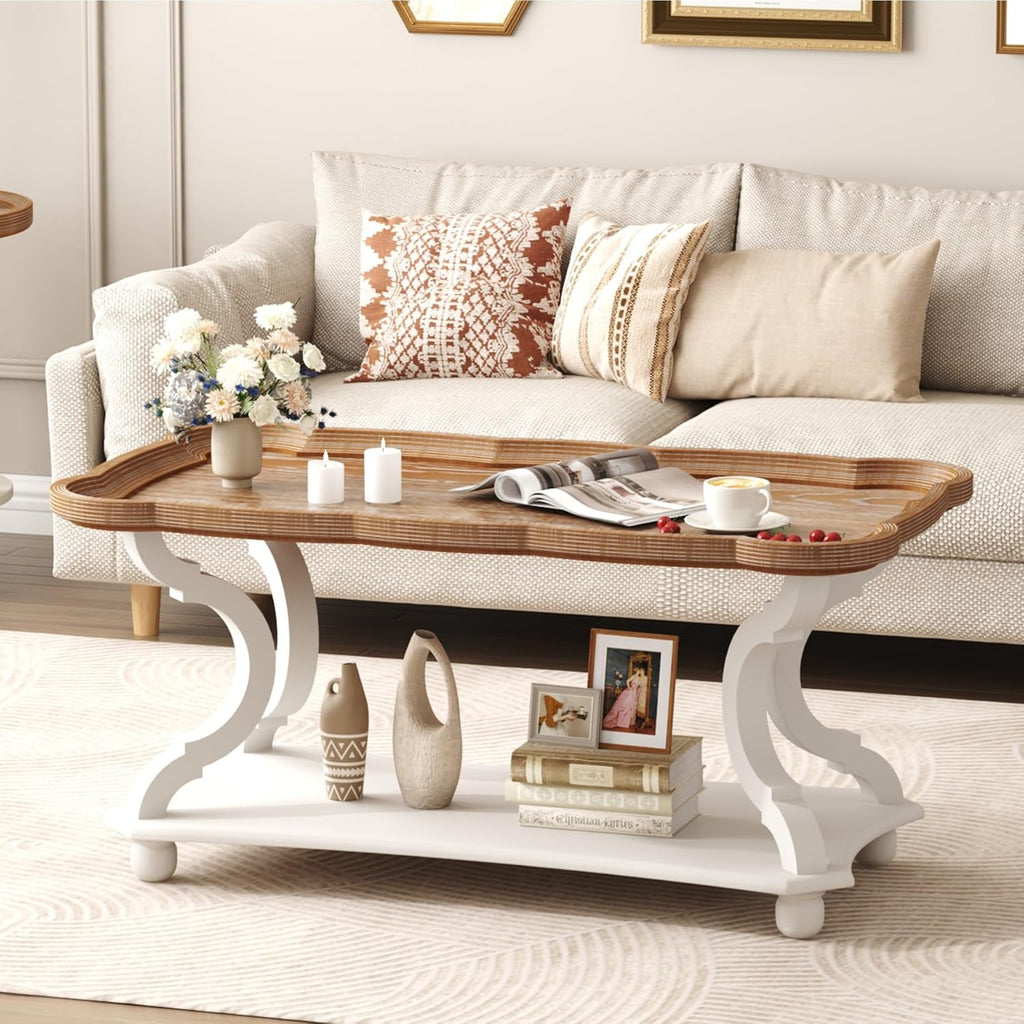 Function Home Farmhouse Coffee Table, 2-Tier Center Table with Storage Shelf, 39.8' French Country Rectangle Accent Table with Natural Tray Top and Curved Legs for Living Room Balcony, Vintage White
