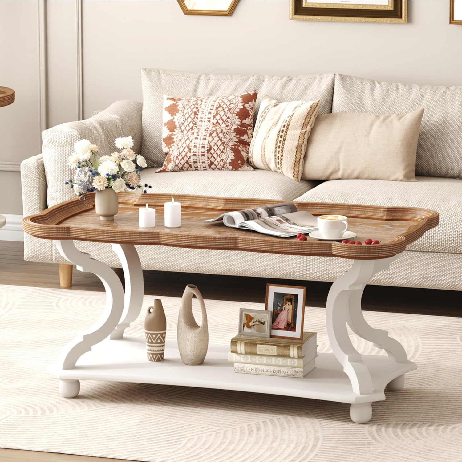 Function Home Farmhouse Coffee Table, 2-Tier Center Table with Storage Shelf, 39.8' French Country Rectangle Accent Table with Natural Tray Top and Curved Legs for Living Room Balcony, Vintage White