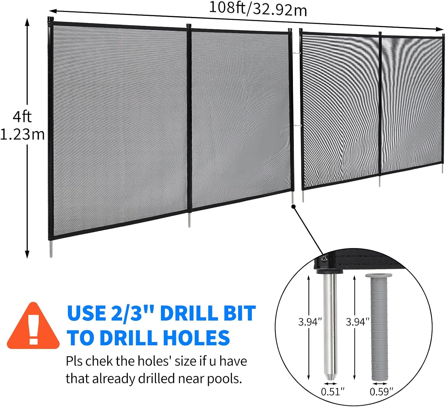 GarveeLife Pool Fence 4 ft x 108 ft, 320GSM Teslin Mesh with Stainless Steel Frame for Inground/Above Ground Pools, Swimming Pool Fence for Backyard Garden Pool Safety