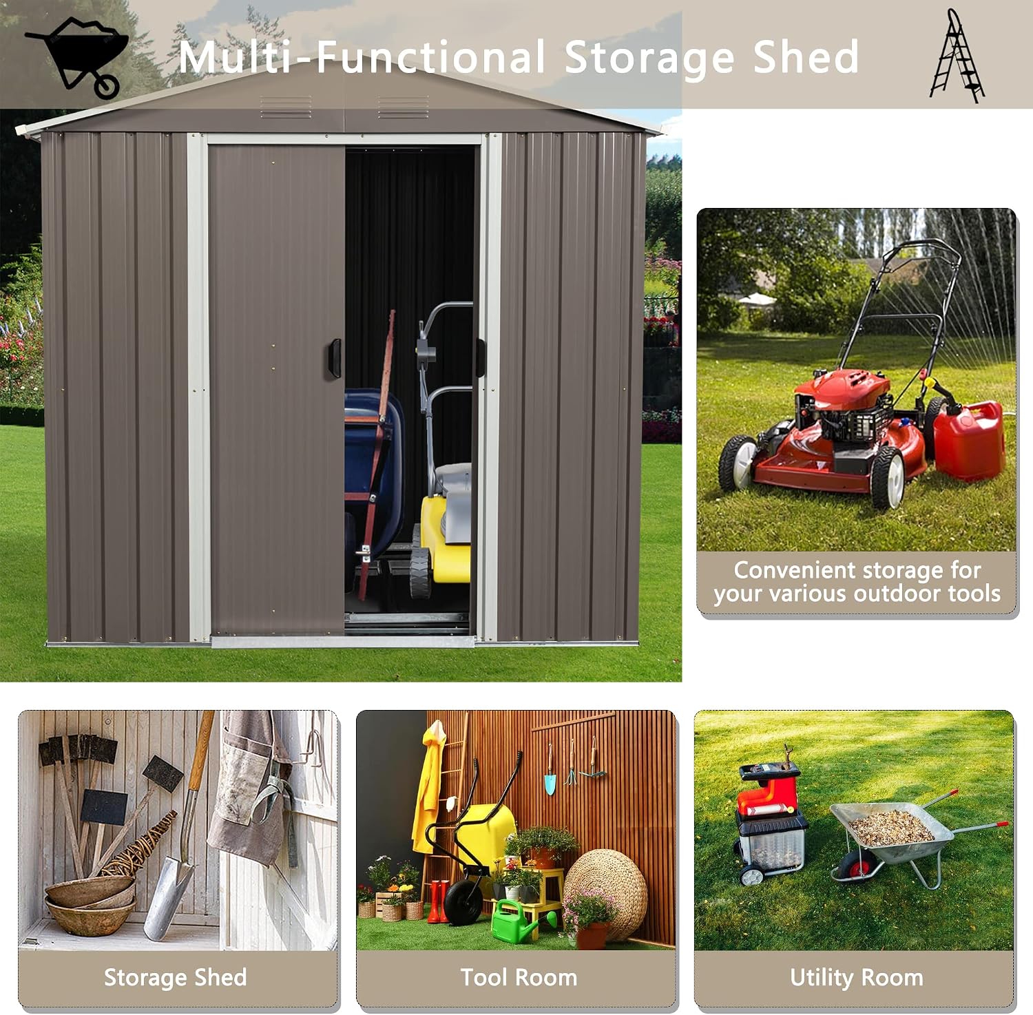 6x5 ft Outdoor Metal Storage Shed with Floor Foundation and Window, Lockable Galvanized Steel Tool Shed with Sliding Door and Air Vent, Waterproof Garden Storage House for Backyard, Patio
