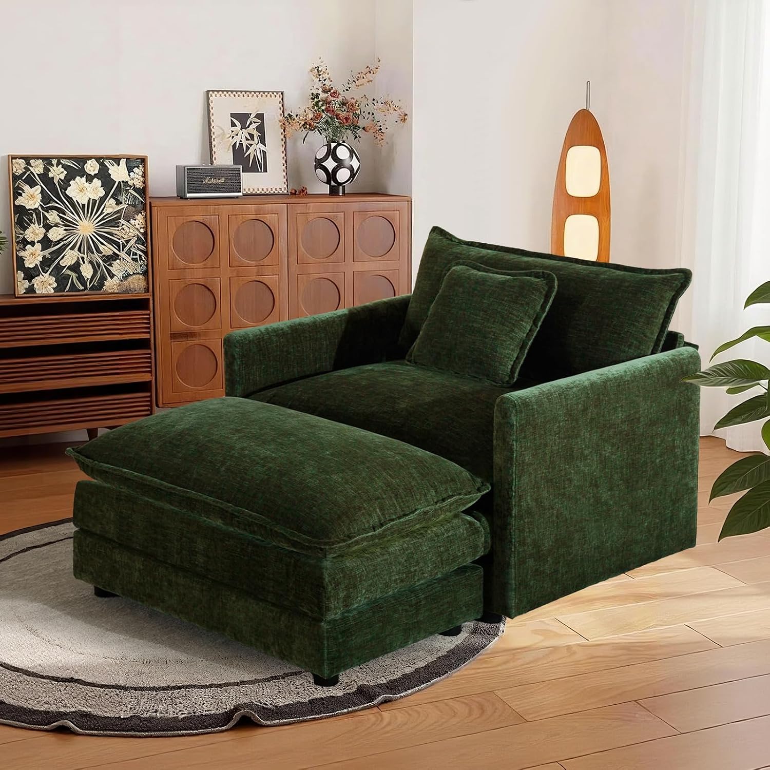 SoarFlash Chenille Sectional Sofa, Comfy Modular Single Sofa with Ottoman, Modern Recliner Deep Seat Sofa Set for Living Room,Green