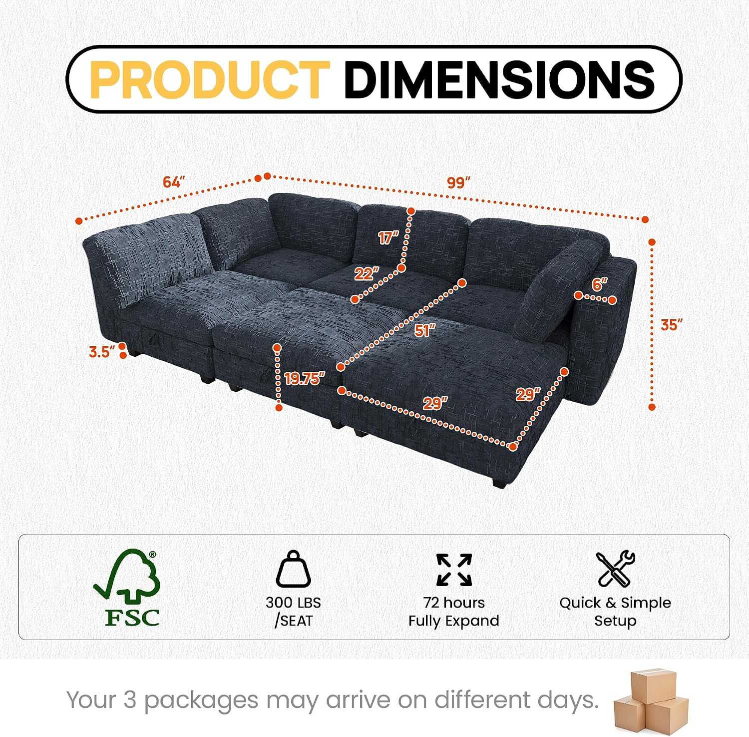 99' Modular Sectional Chenille Sofa bed with Hidden Storage, Comfy Modern 6 Seater Oversized Deep Seat Couch, Modular Sectional with Ottoman and Removable Cover for Living Room, Apartment, Black