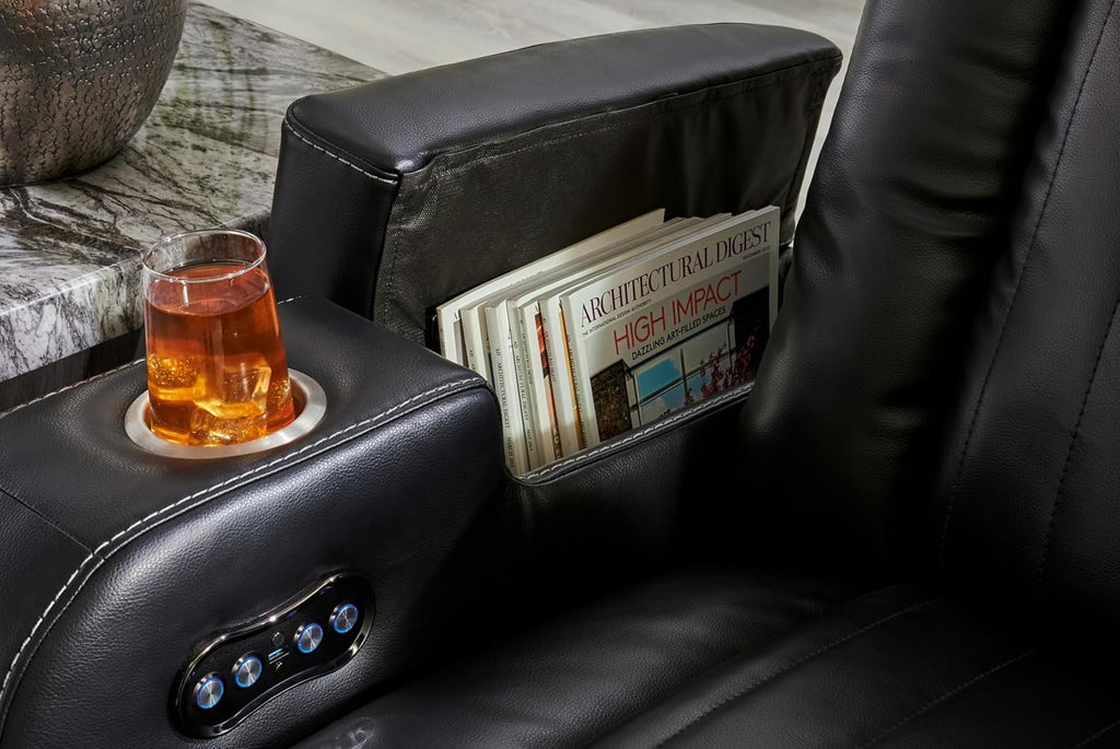Signature Design by Ashley Caveman Den Modern Faux Leather Power Reclining Sofa with Adjustable Headrest, Drop Down Table, Electrical Outlets and LED Reading Lights, Black