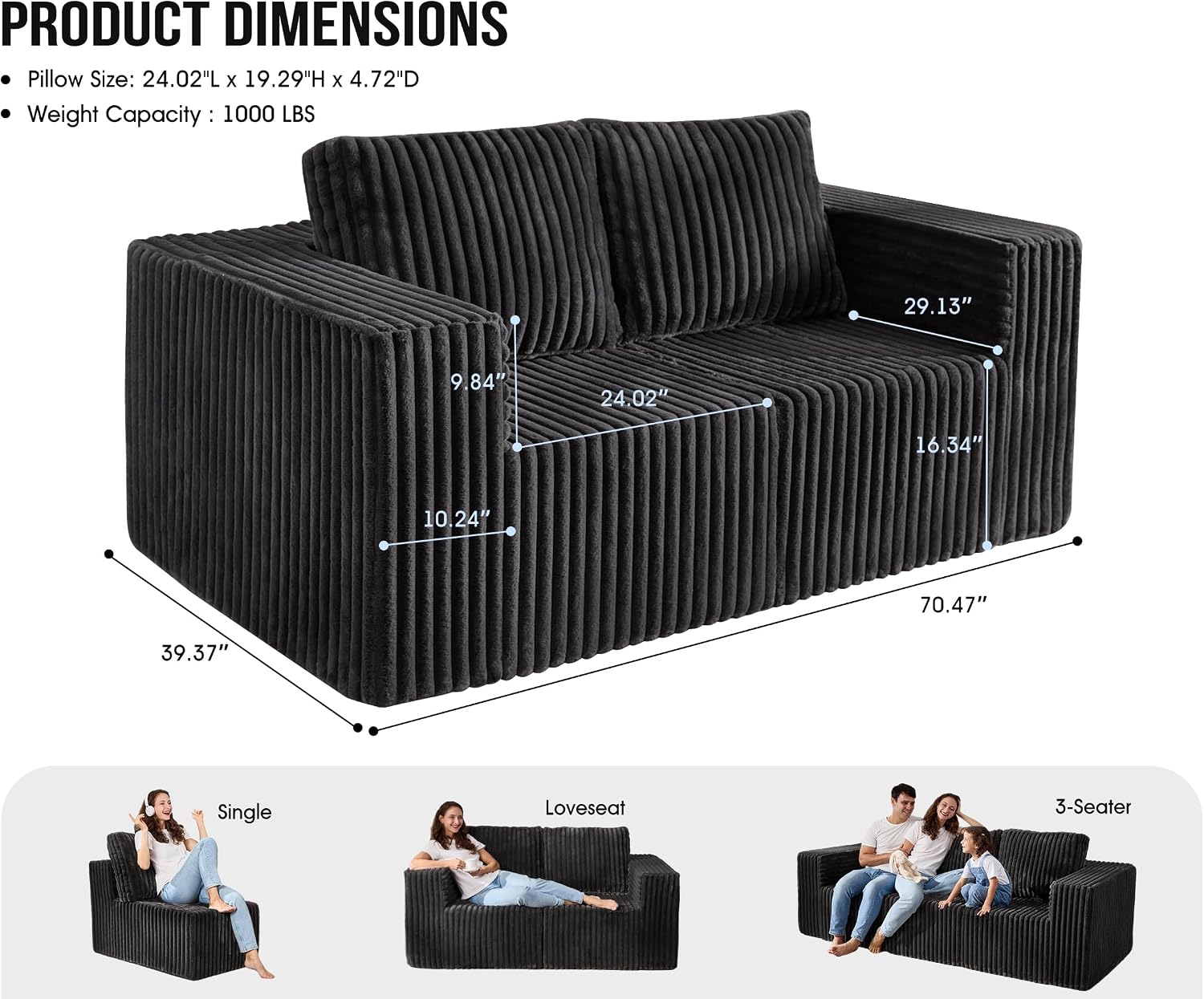 Modular Sectional Sofa 2 Seater Loveseat Modular Couch with Deep Seat Memory Foam Cloud Chair with Pillows Oversized Sectional Sofa for Living Room Bedroom (Strip Grey, Loveseat)