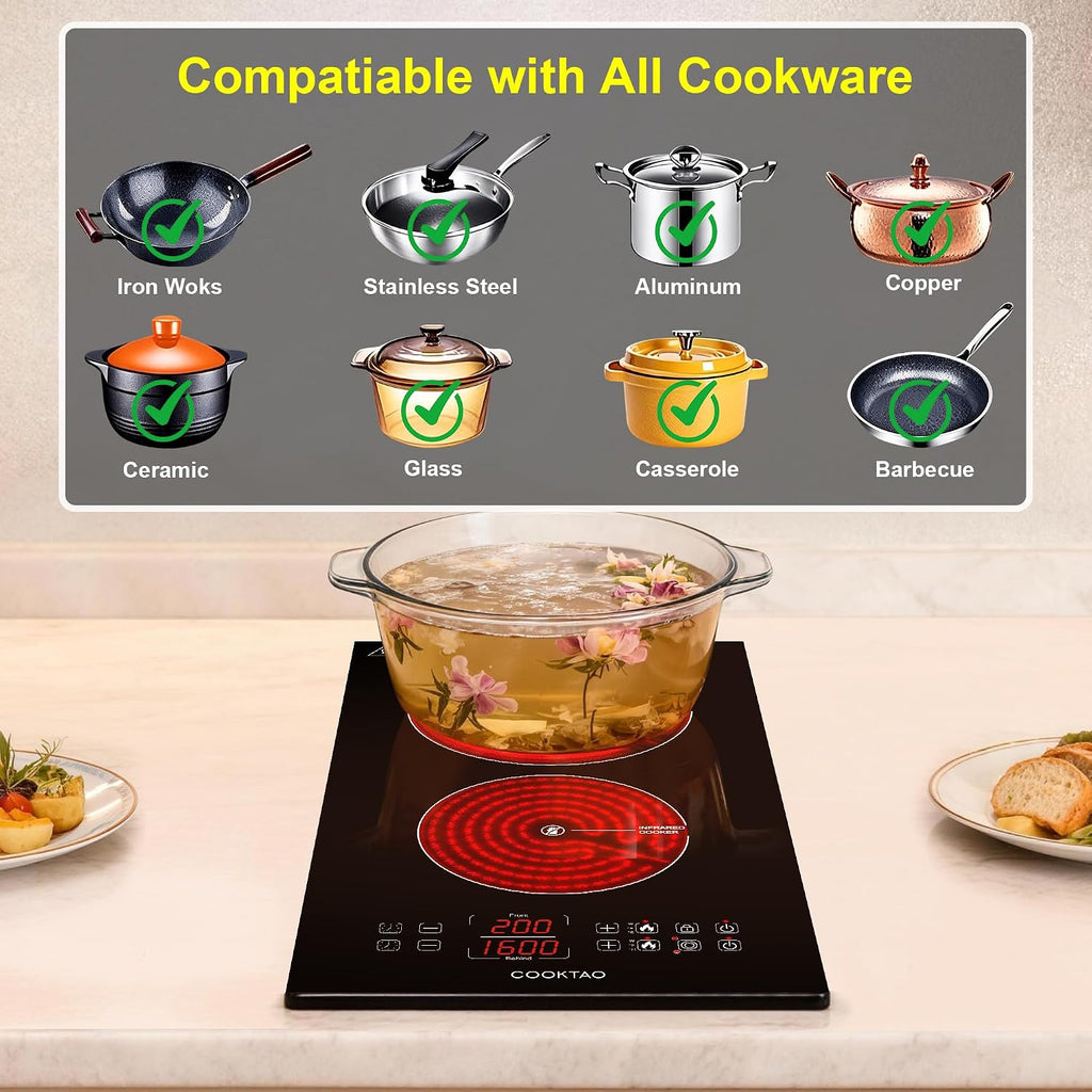Dual Heating Coil Design of 2 Burner Electric Cooktop, 1800W Commercial Ceramic Infrared Cooking Hot Plate, Portable Countertop or Built-in Radiant Stove Top Cooker with WATT and TEMP Control