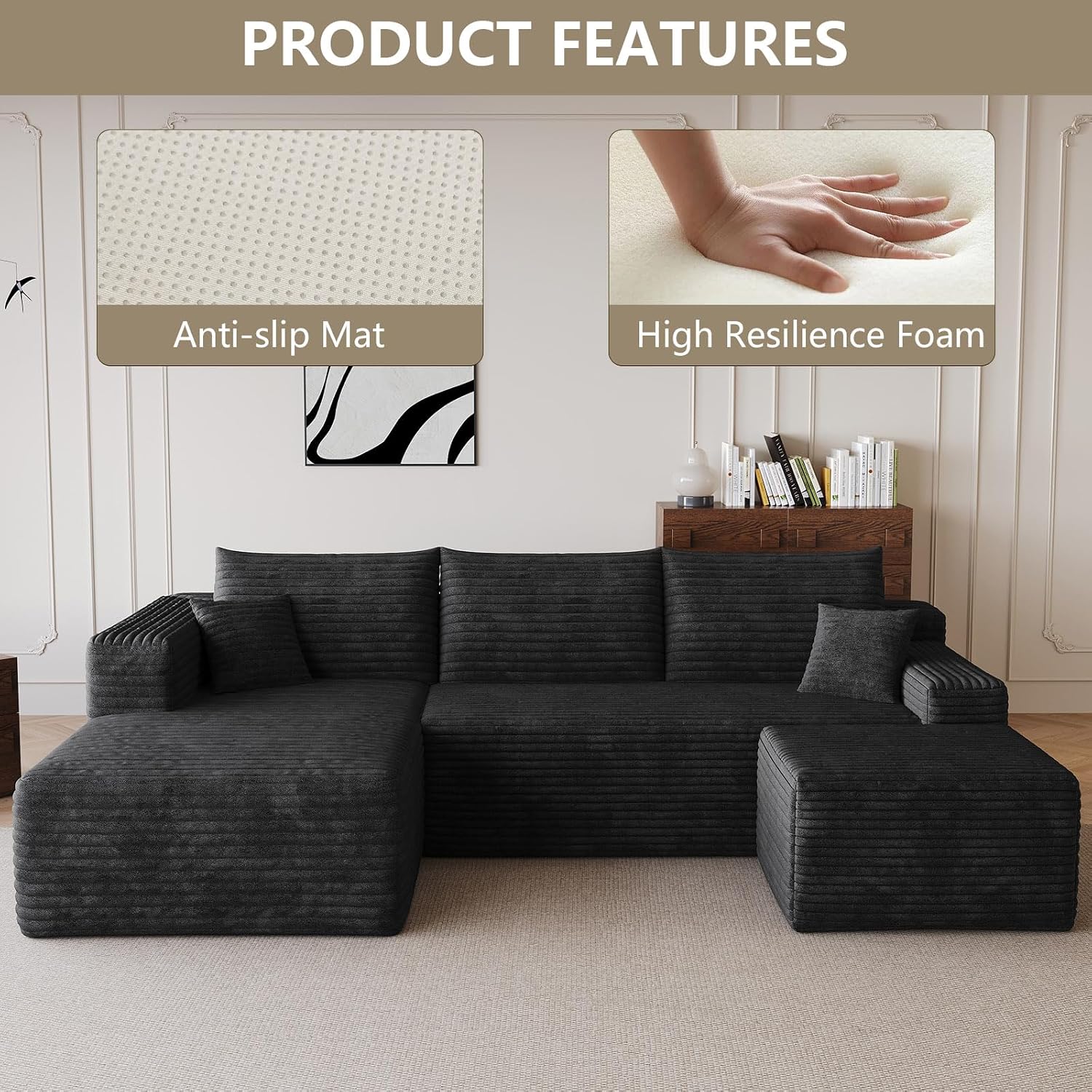 95' Cloud Sectional Couch with U-Shaped Chaise, Corduroy Sectional Sofa with Ottoman, Boneless Couch with Deep Seat for Living Room, No Assembly Required (Black, Left Facing Chaise)