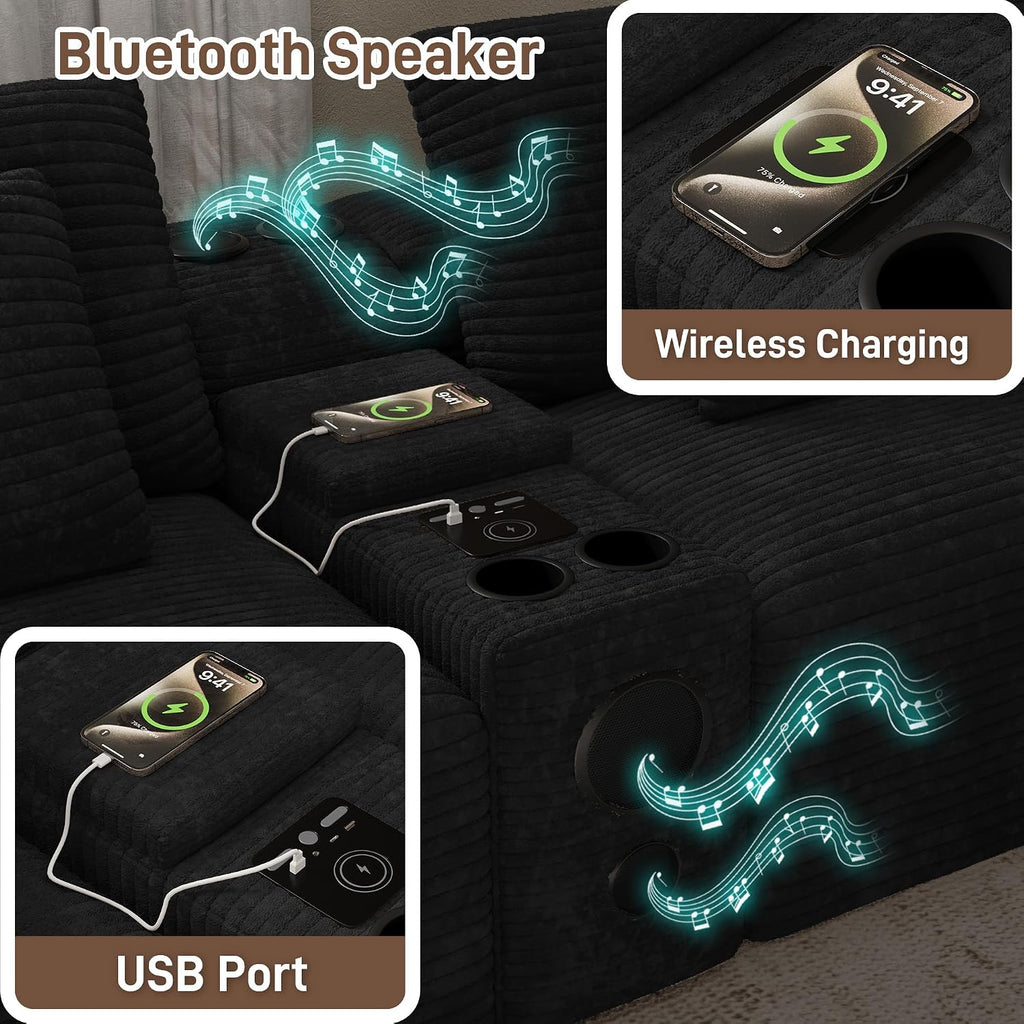 152' Oversized U Shaped Cloud Couches for Living Room, Fluffy Large Modular Sectional Sofa Set with Ottoman Chaise Comfy Corduroy Black Boneless Couch with Cup Holder Bluetooth Speaker USB Port