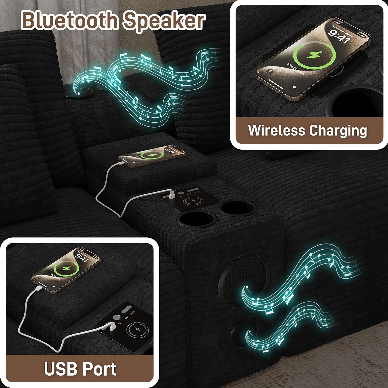 152' Oversized U Shaped Cloud Couches for Living Room, Fluffy Large Modular Sectional Sofa Set with Ottoman Chaise Comfy Corduroy Black Boneless Couch with Cup Holder Bluetooth Speaker USB Port