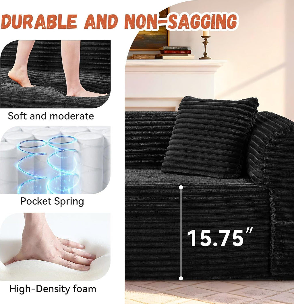 3 Seater Sofa Couch for Living Room (Black, 30' D + 2 Pillows +Fixed-Shape Frame)