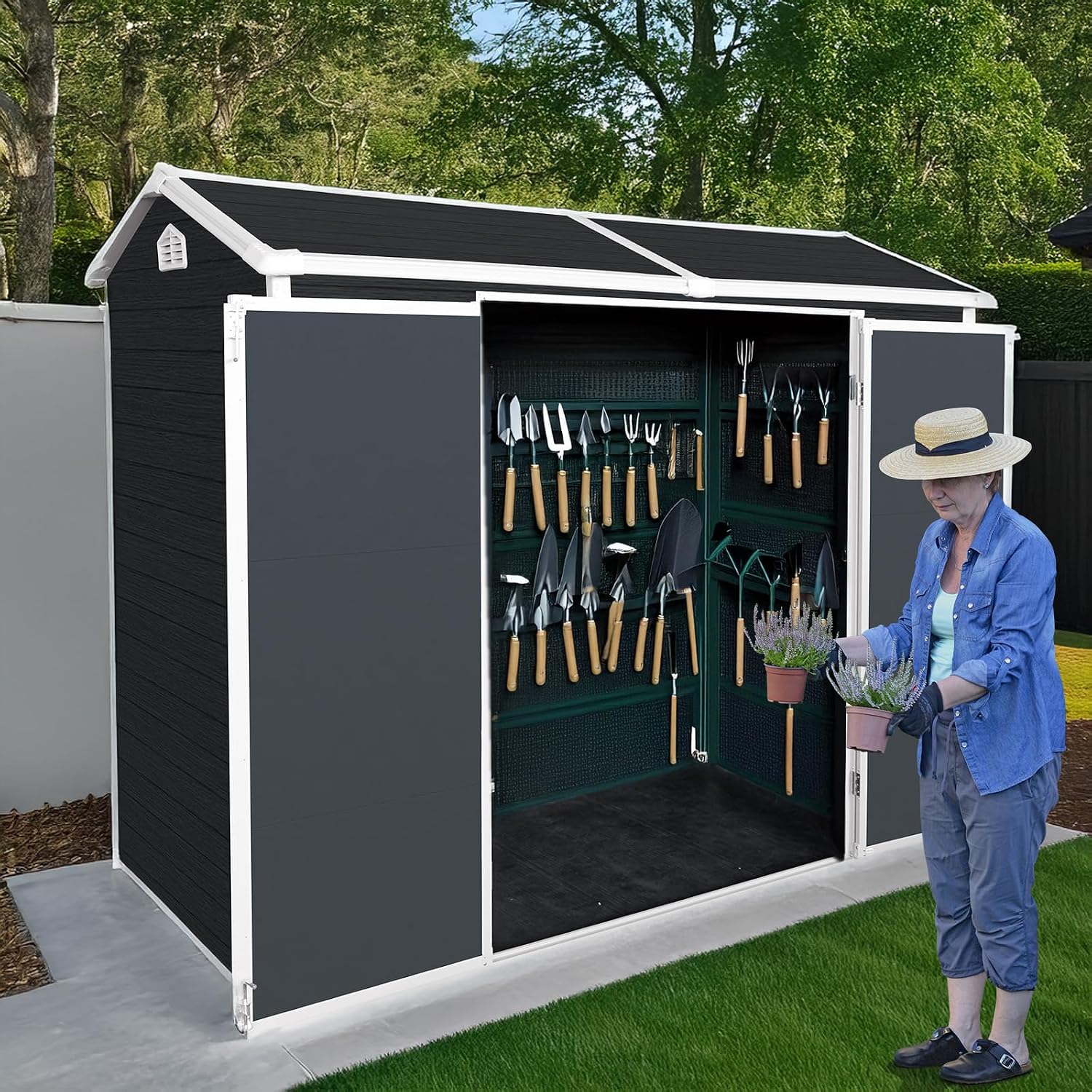 Outdoor Resin Garden Shed with Double Doors, Floor and 2 Windows, Plastic Patio Outdoor Storage Shed with Lockable Door for Garden Tools, Bicycles, Trash Cans