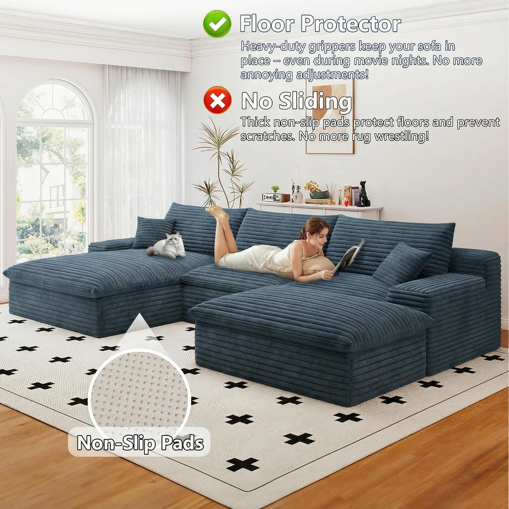 107' Cloud Couch Modular Sectional Sofa for Living Room, U-Shape Boneless Couch with Deep Seat, Modern Corduroy 3-Seater with Ottoman, No Assembly Required (Blue,Left-Facing Chaise)