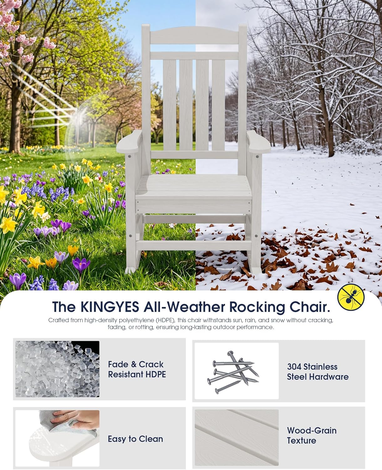 KINGYES Oversized HDPE Patio Rocking Chair Set of 2, Outdoor Rocking Chairs Porch Rocker for Adults, White
