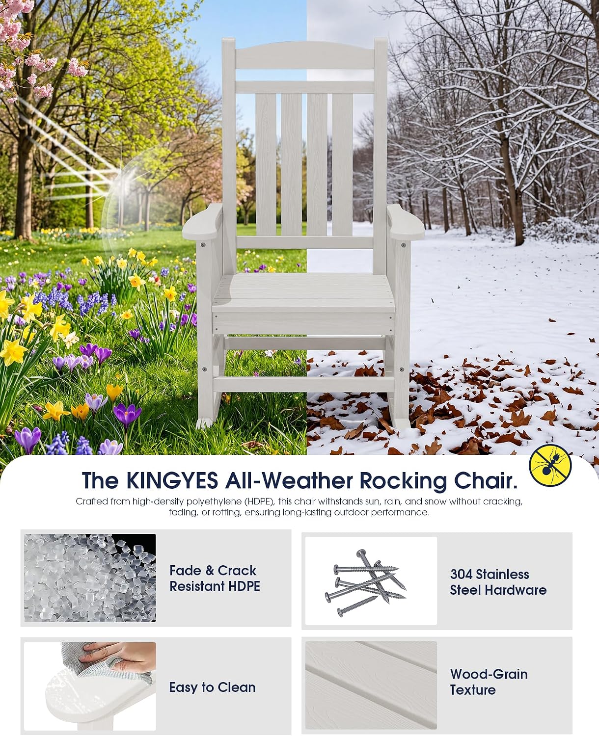 KINGYES Oversized HDPE Patio Rocking Chair Set, Outdoor Rocking Chairs Porch Rocker for Adults, White