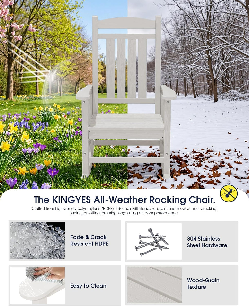 KINGYES Oversized HDPE Patio Rocking Chair Set of 6, Outdoor Rocking Chairs Porch Rocker for Adults, White