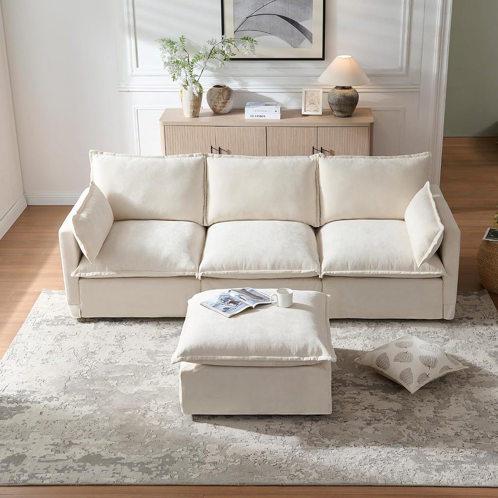93.31' Inch L-Shaped Couch Sofa with Movable Ottoman, Modular Sectional Sofa with 4 Seats and Pillows for Living Room, Modern Chenille Fabric Large Comfy Cloud Couch DIY Combination (Beige-93inch)
