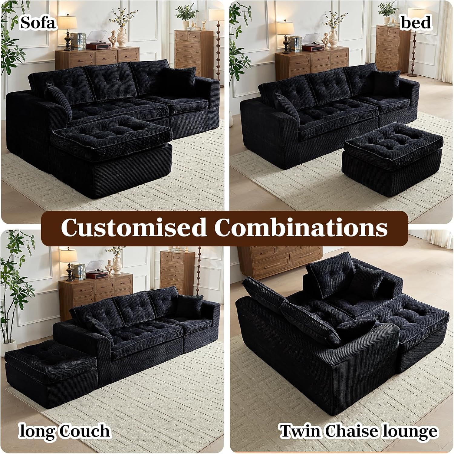 ROXGOX Cloud Couches for Living Room, Modern Modular Sectional Sofa with L-Shape Chaise, Boneless Couch with Deep Seat, Plush Corduroy, No Assembly Required (Black)