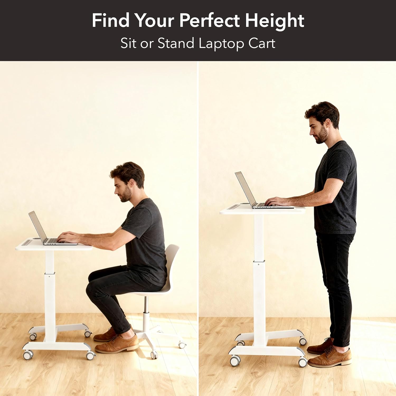 Mount-It! Laptop Cart Rolling Desk Adjustable Height with 28.5' x 22' Tabletop, Ergonomic Sit-Stand Workstation on Wheels Portable for Home Office, Dorm, Classroom, White