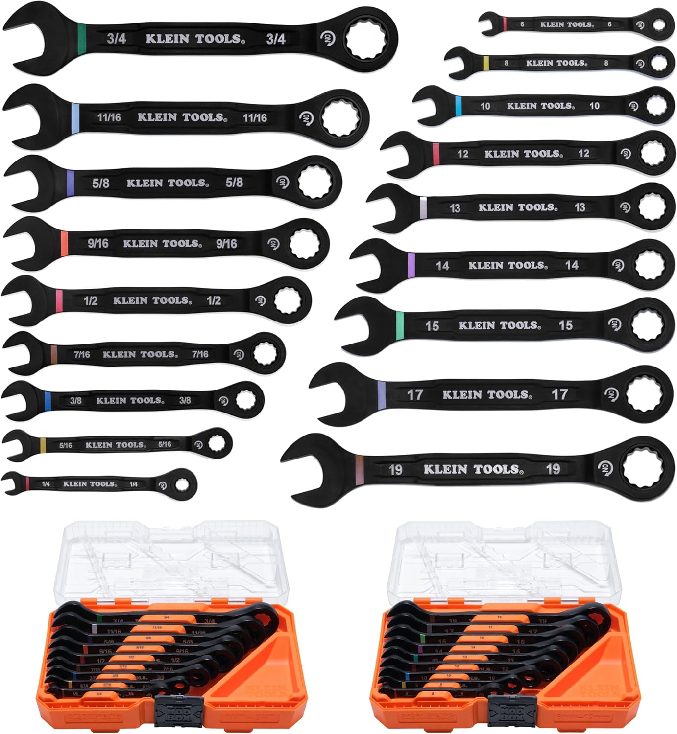 KLEIN TOOLS 69418CG 18-Piece Combination Ratcheting Wrench Set, SAE 1/4 to 3/4-Inch and Metric 6 to 19 mm, 90-Tooth Ratchet, MODbox Compatible, Color-Coded Sizes