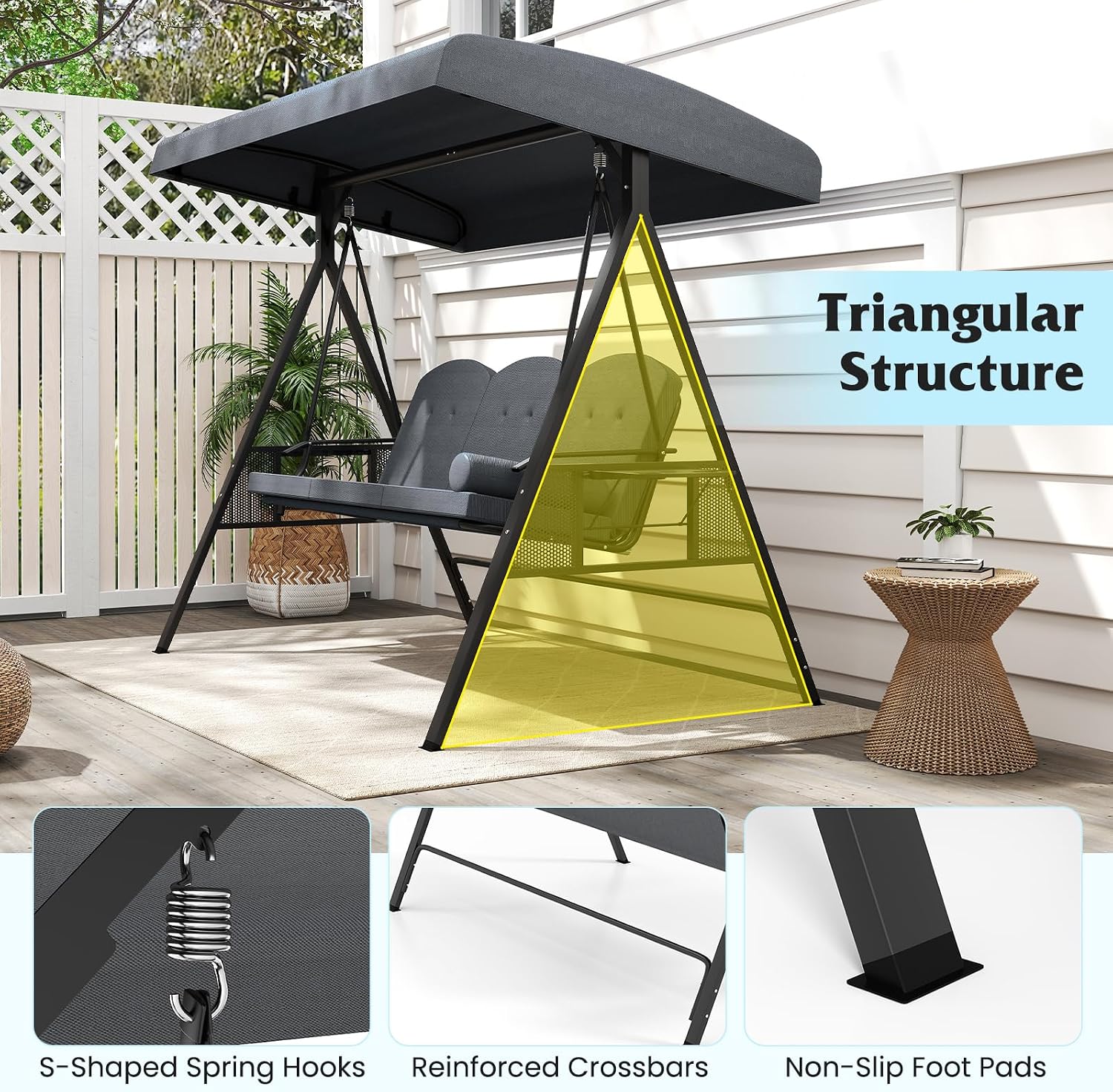 Tangkula 3 Person Porch Swing, Outdoor Swing with Adjustable Canopy, Thickened Cushions & Pillow, Metal Frame, Foldable Side Tray for Backyard, Garden and Poolside (Grey)
