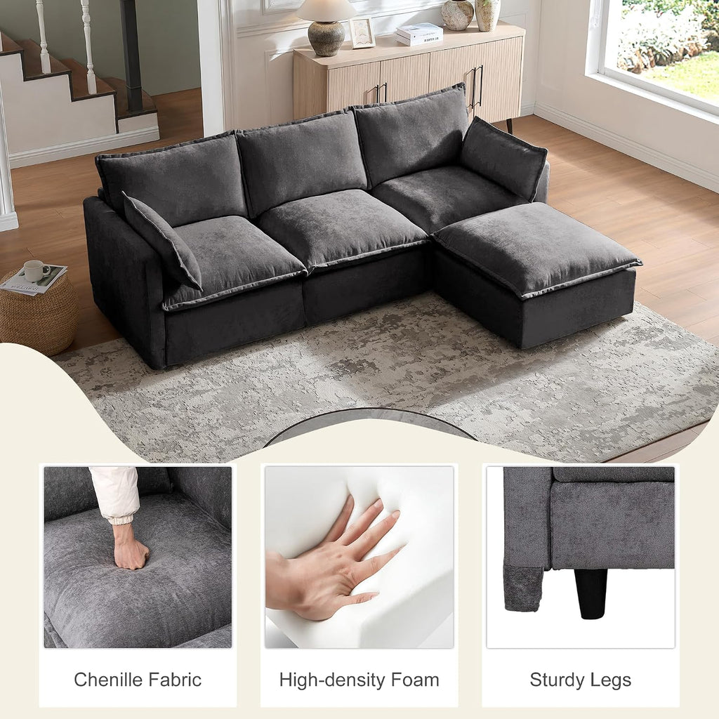 HDX Modular Sectional Sofa, L-Shaped Couch Sofa with 4 Seats and Pillows for Living Room, Modern Minimalist Chenille Fabric Large Comfy Cloud Furniture Sets (Gray) | Chenille Fabric, With Pillows, Cloud Furniture, Modern Minimalist, Living Room