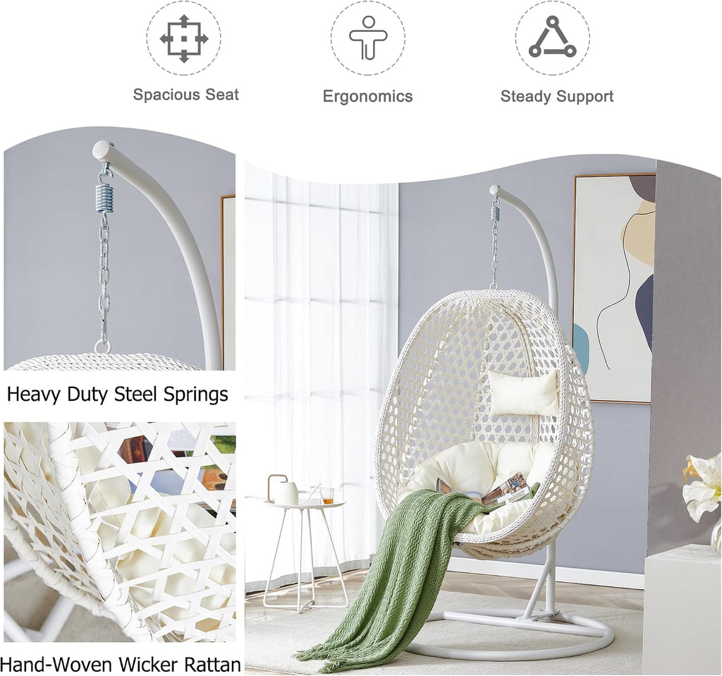 Egg Chair Indoor Outdoor - Hanging Swing Chair for Bedroom, Patio, Balcony & Backyard - Heavy Duty 350LBS - White