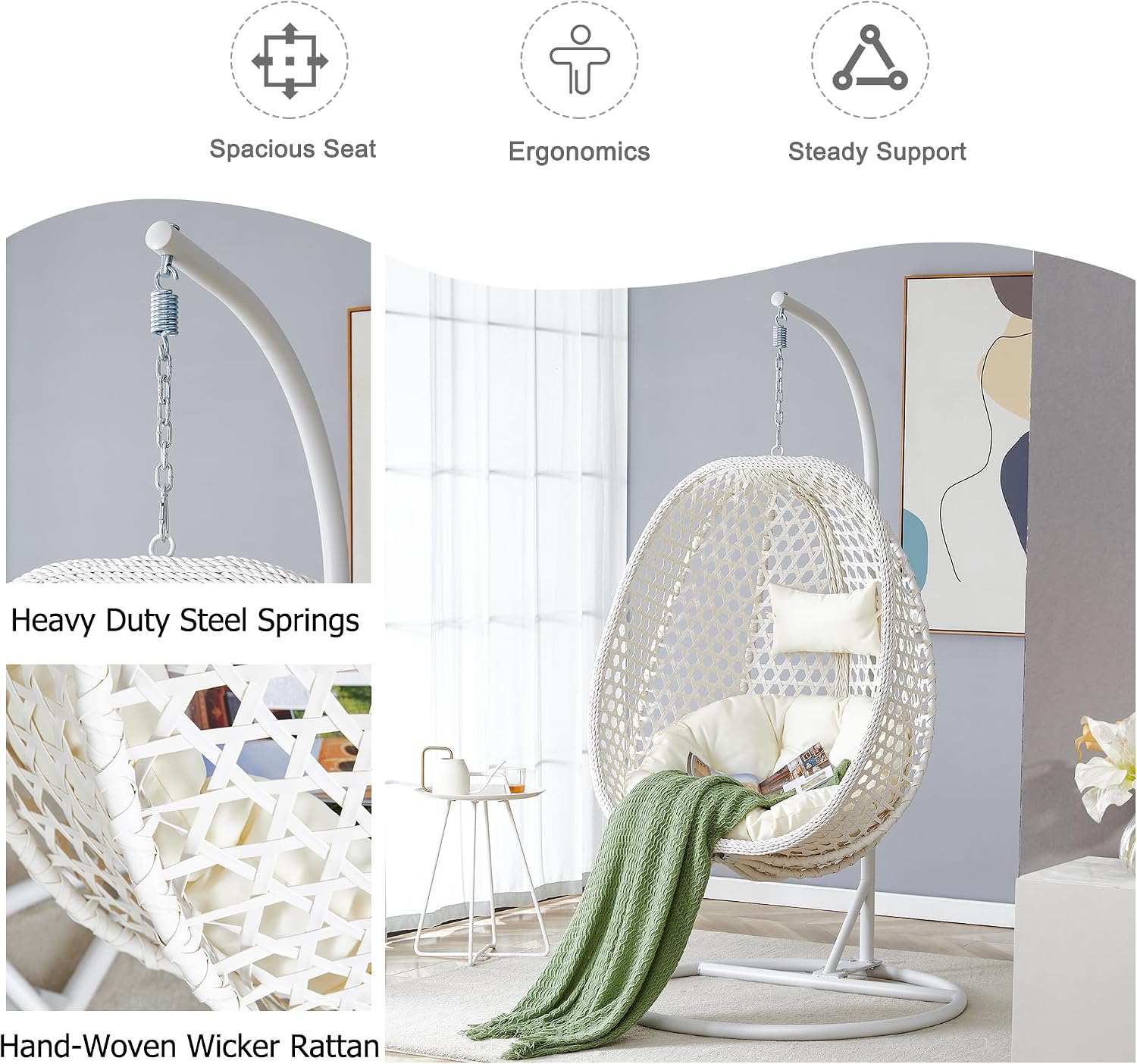 Egg Chair Indoor Outdoor - Hanging Swing Chair for Bedroom, Patio, Balcony & Backyard - Heavy Duty 350LBS - White