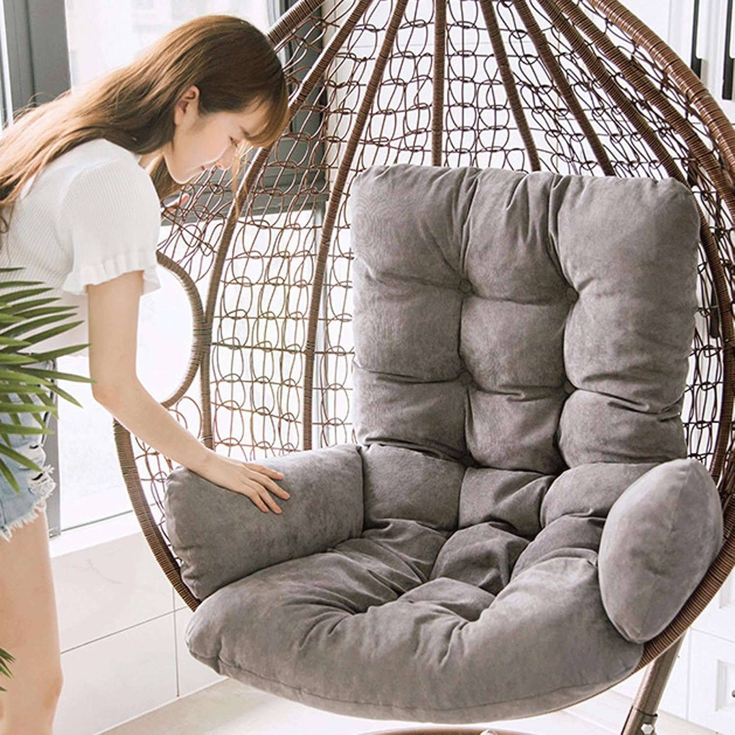 Comfortable Replacement Cushion for Egg Chairs Washable & Removable Rocking Chair Cushion Thick Hanging Basket Seat Pad Foldable Egg Swing Chair Cushion,Grau-Non Detachable