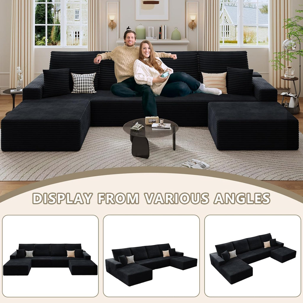 135' Cloud Sectional Couch with U-Shaped Chaise, Corduroy Sectional Sofa with Ottoman, Boneless Couch with Deep Seat in a Box for Living Room, No Assembly Required (Black, Left Facing Chaise)