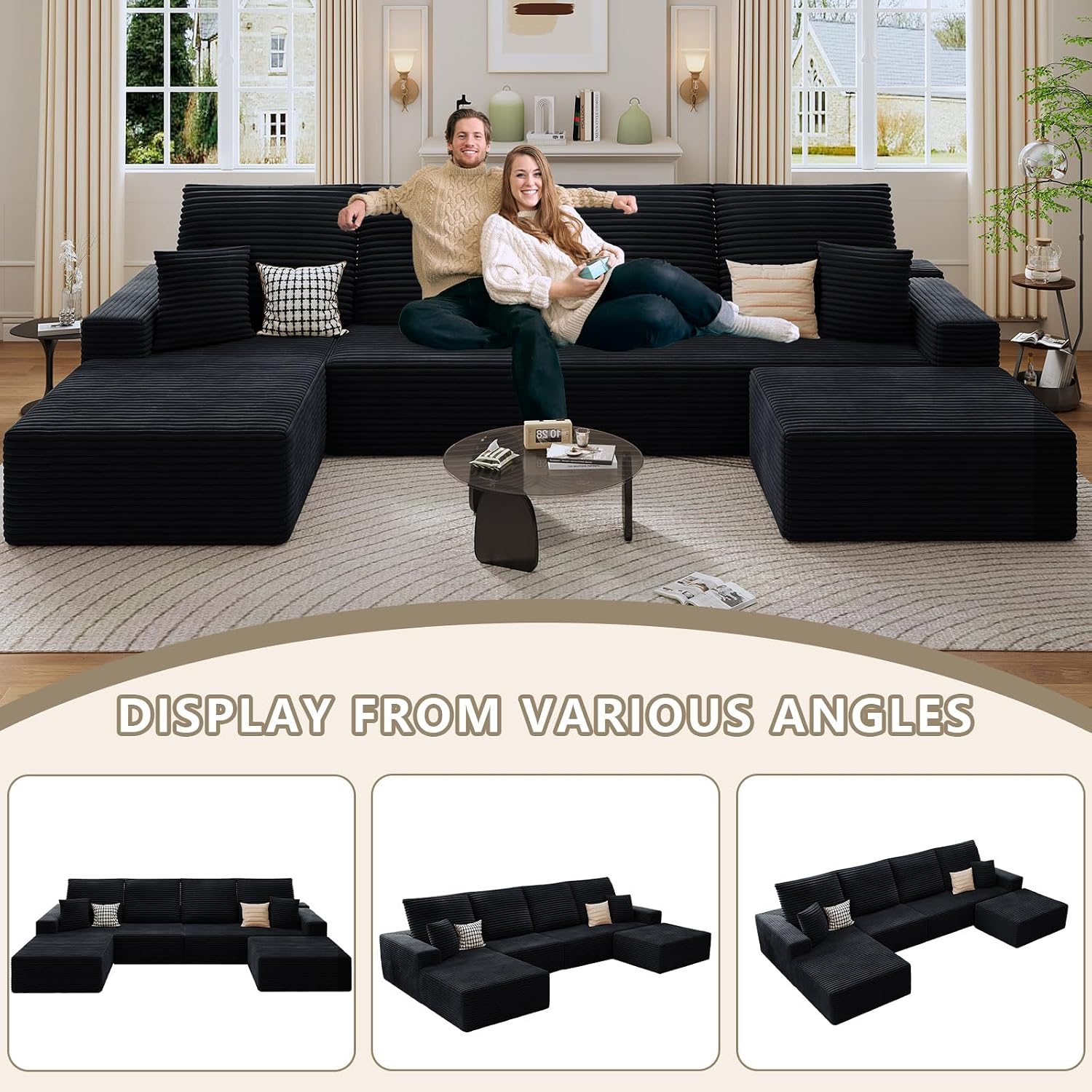 135' Cloud Sectional Couch with U-Shaped Chaise, Corduroy Sectional Sofa with Ottoman, Boneless Couch with Deep Seat in a Box for Living Room, No Assembly Required (Black, Left Facing Chaise)