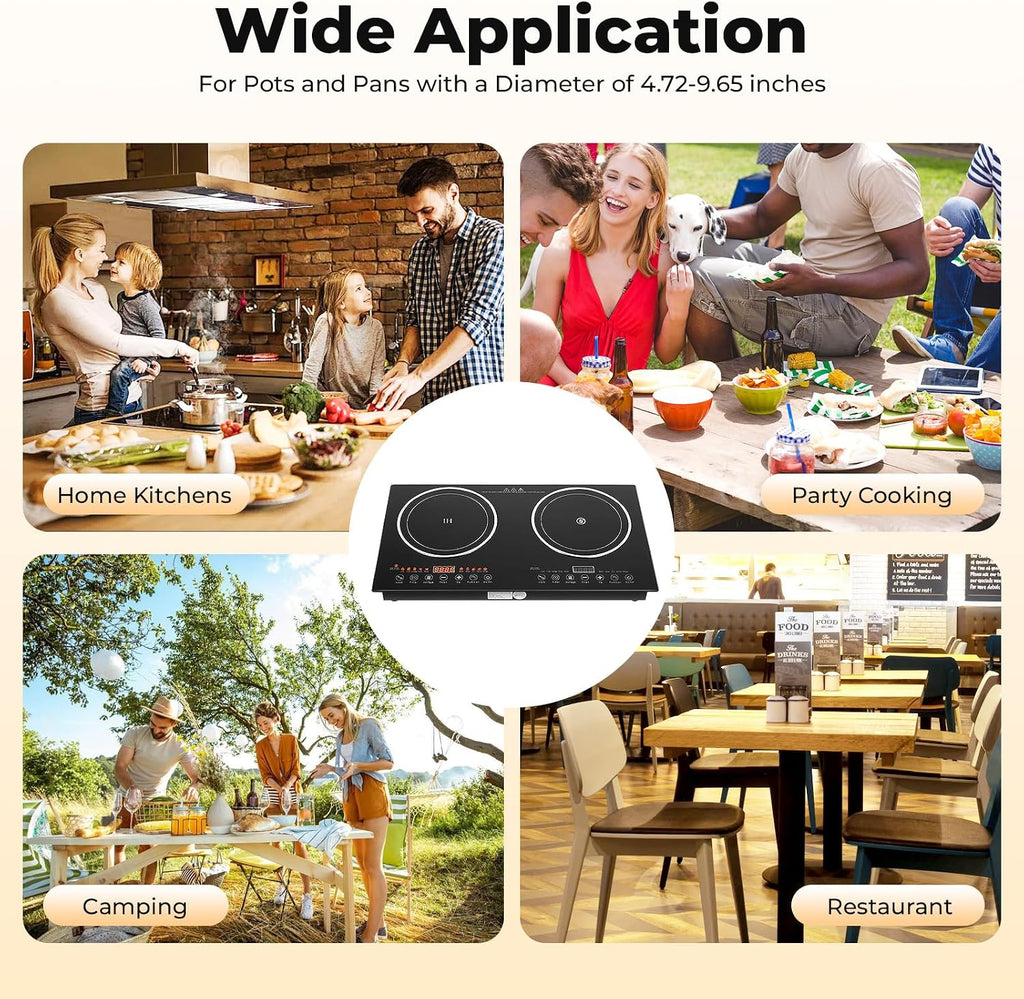 Built in Electric Stove Top,Induction Cooktop,Portable 1200W Induction Cooker 2 Burner Independent Touch Control,Ceramic Electric Stove with 8 Temperature,Power Level (2 Burners,1200W)