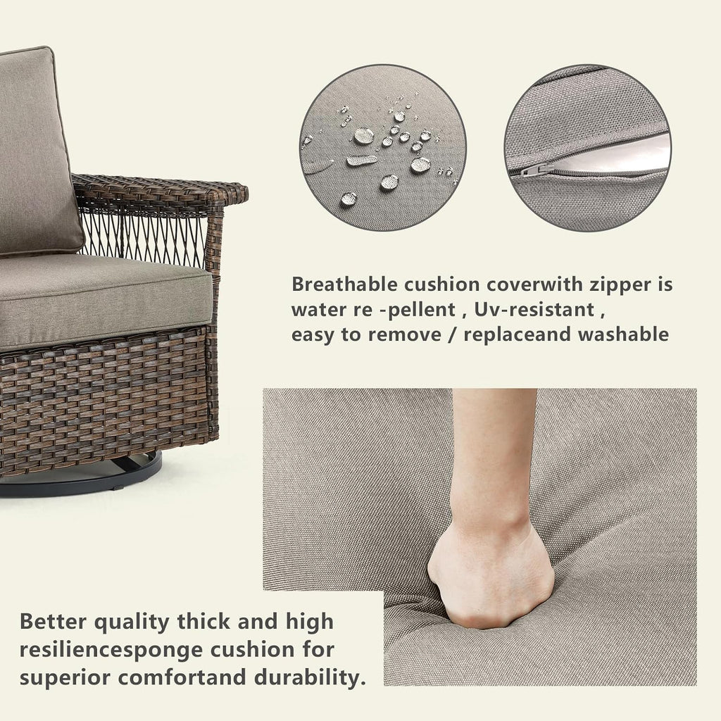 Outdoor Patio Rocking Swivel Chairs - 2PC Wicker Patio Furniture Rocker Chair Set,Rattan Glider Chair with Sturdy Frame,All-Weather PE Wicker and Cushions for Deck Porch Balcony(Brown/Grey)