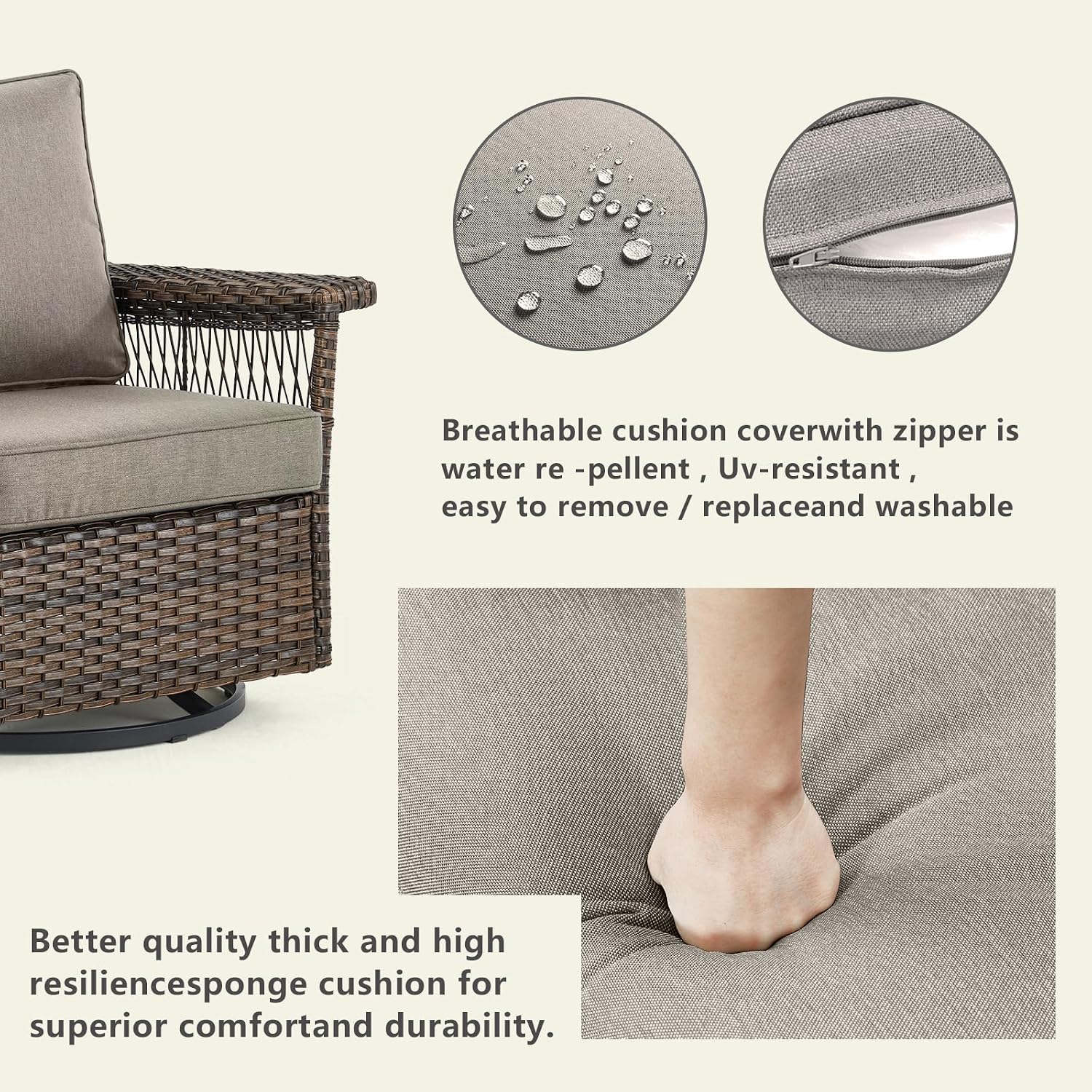 Outdoor Patio Rocking Swivel Chairs - 2PC Wicker Patio Furniture Rocker Chair Set,Rattan Glider Chair with Sturdy Frame,All-Weather PE Wicker and Cushions for Deck Porch Balcony(Brown/Grey)