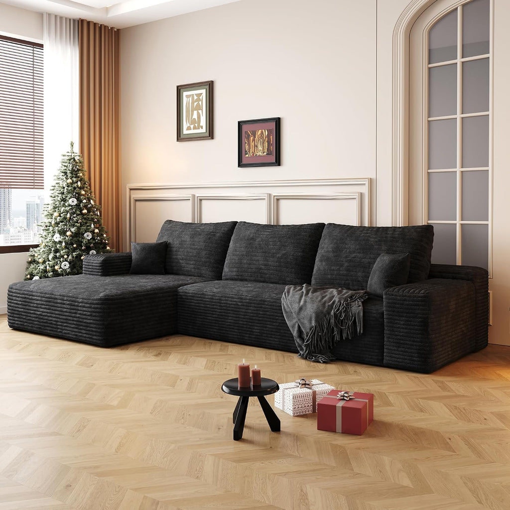 107 inch Cloud Sectional Couch Boneless Sofa in a Box for Living Room, Foam Floor Modular Sectional Sofa w/Deep Seat, Fluffy Corduroy Upholstered Couch with L-Shaped Chaise