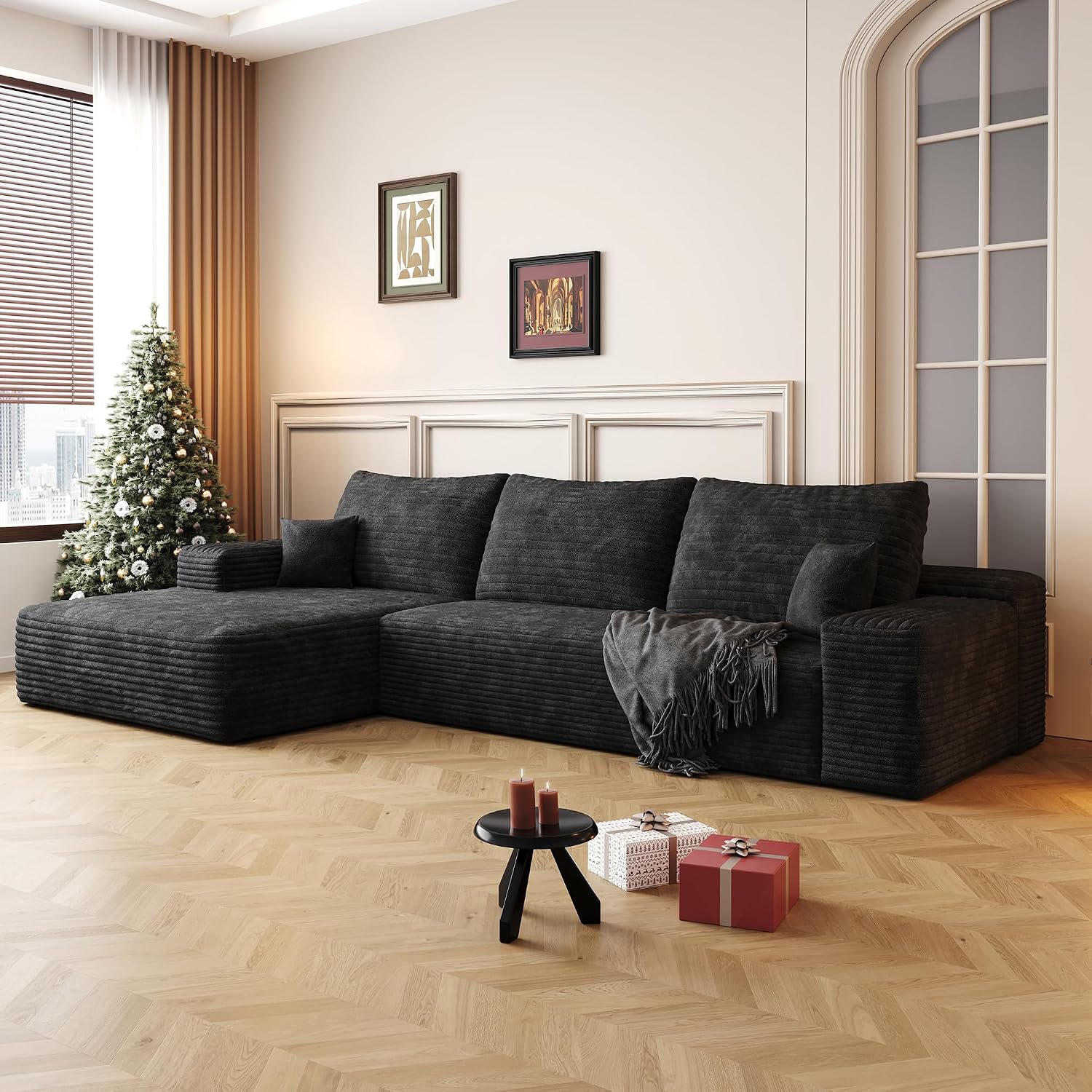 107 inch Cloud Sectional Couch Boneless Sofa in a Box for Living Room, Foam Floor Modular Sectional Sofa w/Deep Seat, Fluffy Corduroy Upholstered Couch with L-Shaped Chaise
