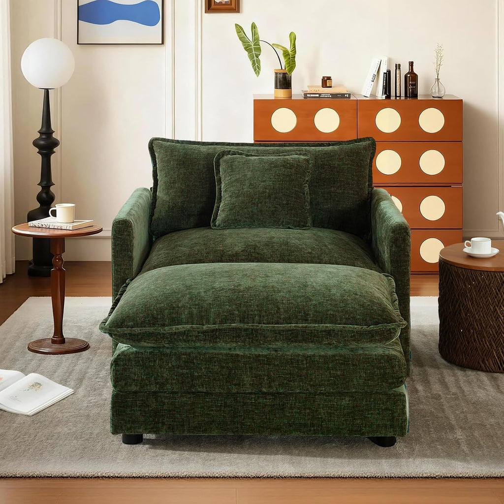 SoarFlash Chenille Sectional Sofa, Comfy Modular Single Sofa with Ottoman, Modern Recliner Deep Seat Sofa Set for Living Room,Green