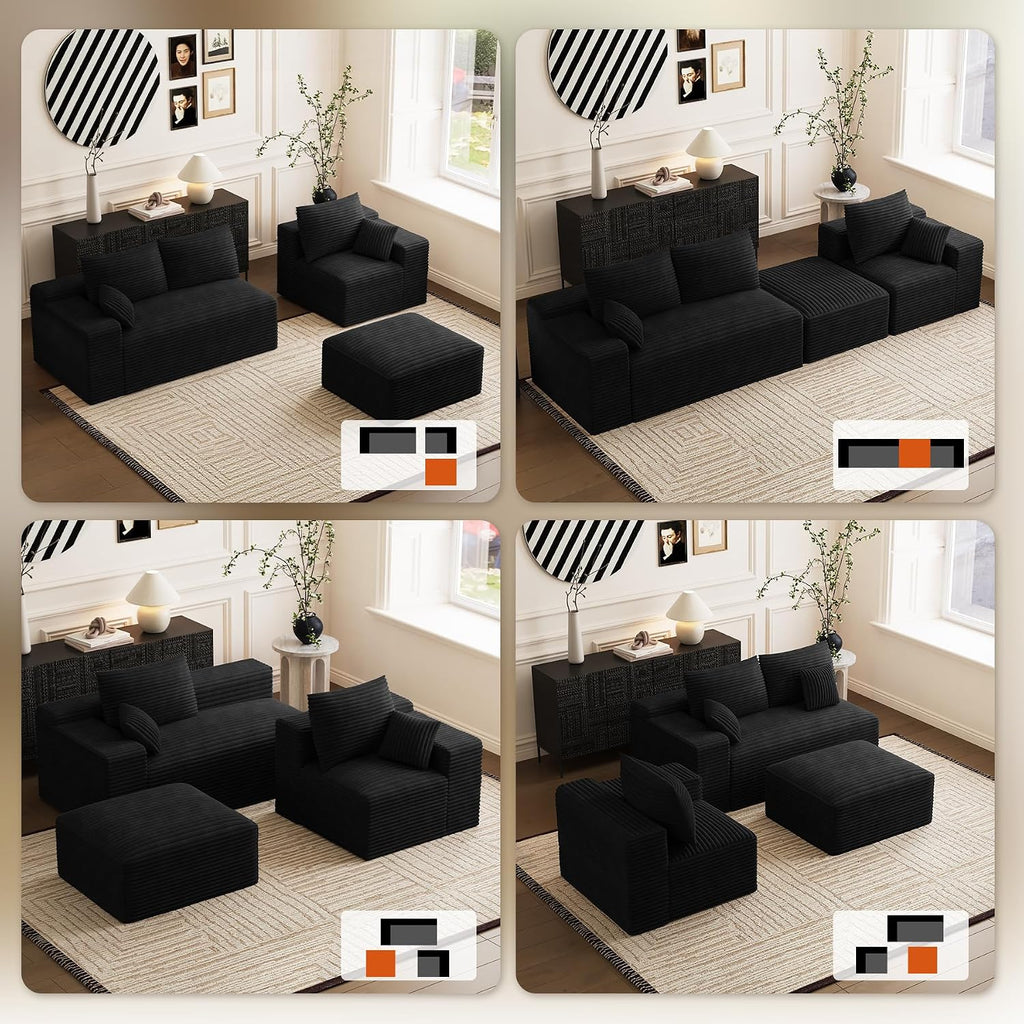 108' Oversized L-Shaped Sectional Couches for Living Room, Comfy Fluffy Corduroy Black Boneless Cloud Couch with Ottoman, Plush Memory Foam Modular Sectional Sofa for Small Spaces