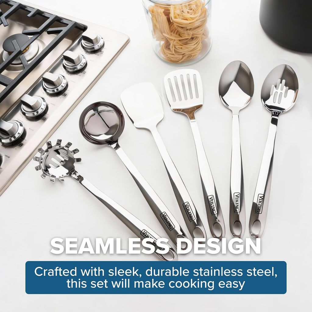 Viking Kitchen Utensils Set, 6 Piece Stainless Steel Cooking Utensil Set, Includes Spatulas, Spoons, Pasta Fork, and Deep Ladle, Hollow Forged, Silver