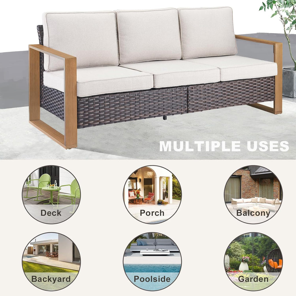 Rilyson Outdoor Couch Wicker Patio Sofa, Rattan Patio Furniture Sofa with Sturdy Frame,All-Weather PE Wicker,Wide Armrest,Deep Seating and Thick Cushions for Deck Porch Garden(Brown/Beige)