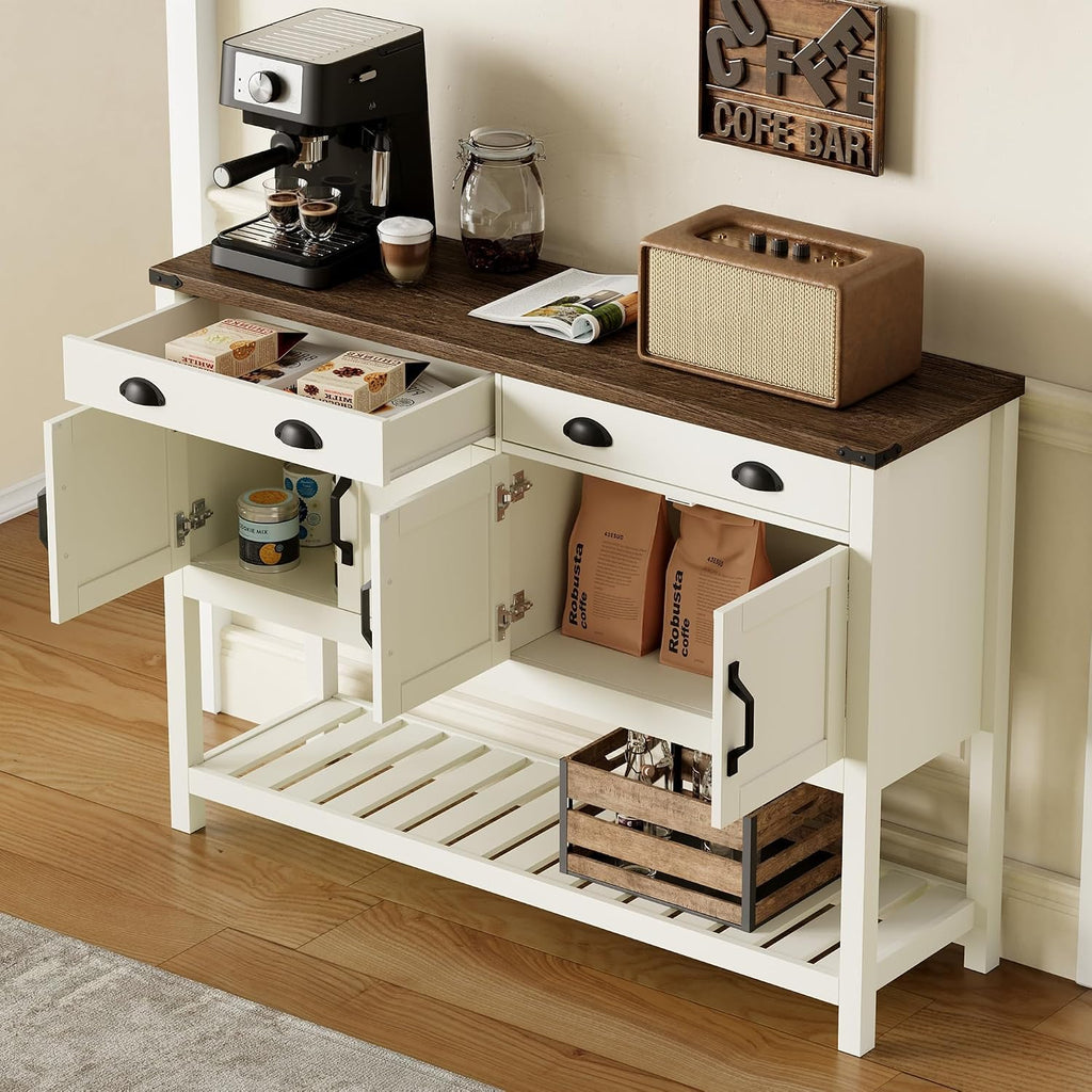 ChooChoo 47' Farmhouse Console Table with Storage, Rustic Entryway Table with Drawers & Doors, Narrow Long Sofa Table for Living Room, Hallway, Behind Couch, Soft White and Brown