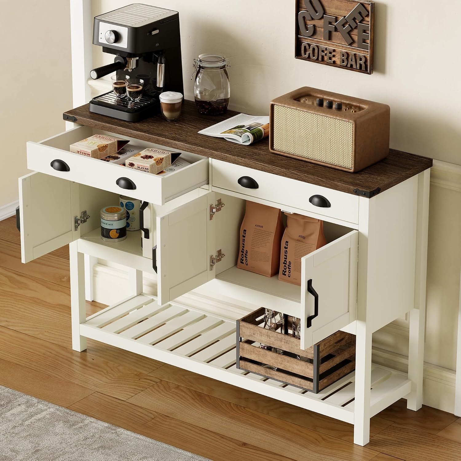 ChooChoo 47' Farmhouse Console Table with Storage, Rustic Entryway Table with Drawers & Doors, Narrow Long Sofa Table for Living Room, Hallway, Behind Couch, Soft White and Brown