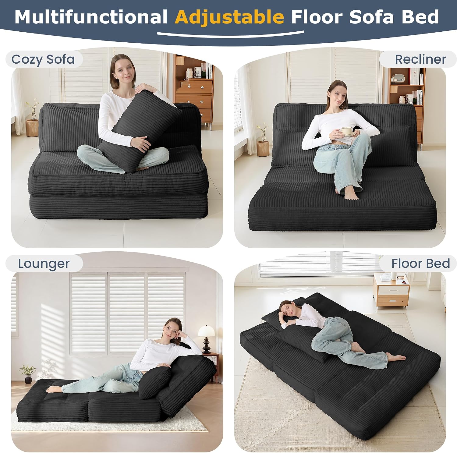 Convertible Sofa Bed with Fixed Frame,Boneless Couch Folding Loveseat Sleeper with 5-Position Adjustable Backrest & Thickened Cushion,Futon Couch with 2 Pillows for Bedroom,Small Spaces